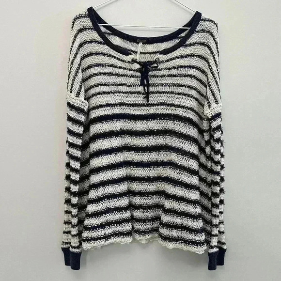 Free People Judy  Punk Loose Knit Oversized Striped Boho Sweater Navy Women's XS - Picture 2 of 11